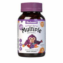 Bluebonnet RainForest AnimalZ Multiple vitamin bottle with purple cap, cartoon monkey character, and fruit imagery on label.