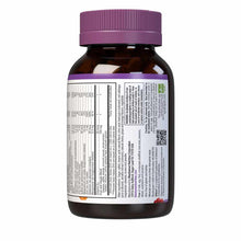 Brown glass vitamin bottle with purple cap and white label containing nutritional information and ingredient details.