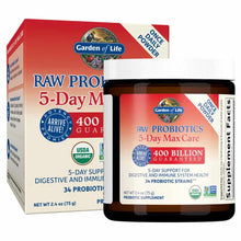 Garden of Life Raw Probiotics 5-Day Max Care powder in red cardboard box and dark glass jar with white label.