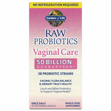Garden of Life Raw Probiotics Vaginal Care supplement bottle, 50 billion CFU, 30 vegetarian capsules, shelf-stable formula.