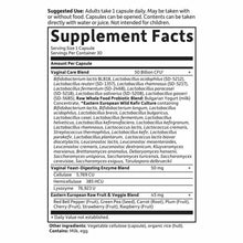Supplement facts label for Garden of Life Raw Probiotics Vaginal Care showing 50 billion CFU per capsule and ingredient list.