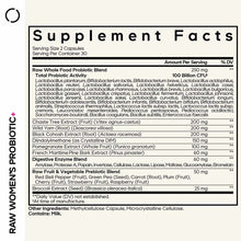 Supplement Facts label for Raw Women's Probiotic+ showing serving size, ingredients including probiotic blend with 100 billio