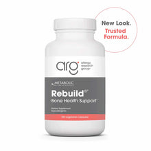 White bottle of Allergy Research Group Rebuild Bone Health Support dietary supplement containing 180 vegetarian capsules.