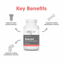 White bottle of Allergy Research Group Rebuild Bone Health Support supplement with 180 vegetarian capsules and benefit icons.