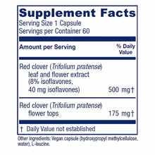 Supplement Facts label for Red Clover capsules listing serving size, ingredients including leaf and flower extract with isofl