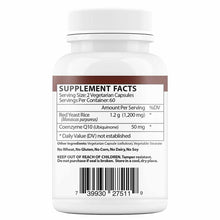 White supplement bottle with gray screw cap displaying Supplement Facts label listing Red Yeast Rice and Coenzyme Q10 ingredi