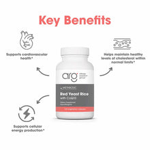 White bottle of Red Yeast Rice with CoQ10 supplement containing 120 vegetarian capsules by Allergy Research Group.