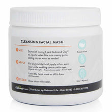 White jar with white screw-top lid containing bentonite clay powder with cleansing facial mask instructions on label.