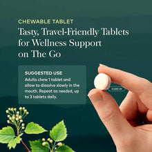 Hand holding a small round white chewable tablet measuring 0.590 inches against a teal background with herb imagery.