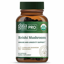 Amber glass bottle of Gaia Herbs Pro Reishi Mushroom capsules with green label and cap.