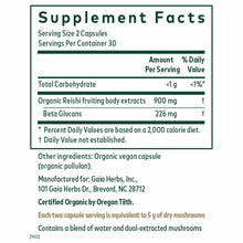 Supplement Facts label for Gaia Herbs Reishi mushroom capsules showing 900 mg organic reishi fruiting body extracts per servi