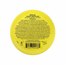 Round yellow tin of Rescue Sleep Pastilles in black currant flavor with drug facts and directions printed on label.
