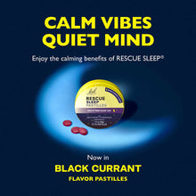 Bach Rescue Sleep Pastilles container with red round pastilles displayed on dark blue background with glowing light effect.
