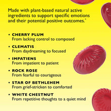 Red oval pastilles on yellow background with ingredient list including cherry plum, clematis, impatiens, rock rose, star of b