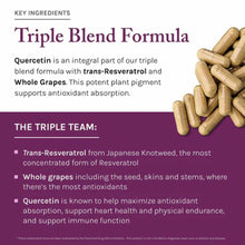 Supplement capsules displayed next to text describing triple blend formula with trans-Resveratrol, whole grapes, and Querceti
