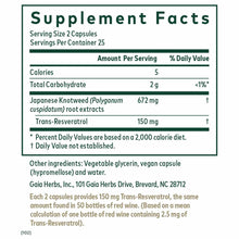 Supplement Facts label for Gaia Herbs Resveratrol 150 showing serving size, nutritional information, and ingredient list.