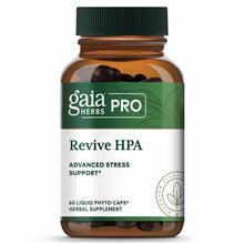 Gaia Herbs Pro Revive HPA bottle containing 60 dark liquid phyto-caps with green cap and white label.