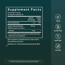 Supplement Facts label for Gaia Herbs Rhodiola Rosea capsules showing 120 mg organic Siberian rhodiola per serving with vegan