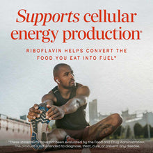 Nature's Way Riboflavin Vitamin B2 100mg supplement bottle displayed with text about cellular energy production and an athlet