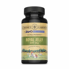 Black bottle with tan and green label for Honey Gardens Royal Jelly 600 mg supplement with black screw cap.