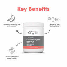 White plastic bottle of Saccharomyces Boulardii 10 Billion CFU with gray and coral label, 60 vegetarian capsules.