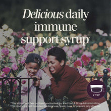 Dark purple elderberry syrup in a bottle with a 2 TSP measuring cup indicator and text describing immune support.
