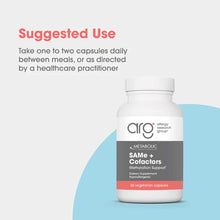 White bottle with gray and coral label for SAMe + Cofactors containing 60 vegetarian capsules by Allergy Research Group.