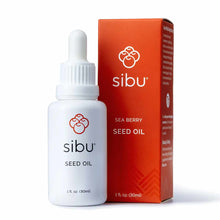 White dropper bottle of Sibu Sea Berry Seed Oil with red box packaging, 1 fl oz size.