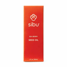 Red rectangular box labeled Sibu Sea Berry Seed Oil, 1 fl oz, with white berries icon and text on front.