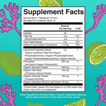 Supplement Facts label for sea moss, spirulina, and chlorella liposomal supplement with lime and coral illustrations on turqu