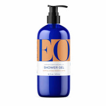 Blue pump bottle of EO Products shower gel with tan label, 16 fl oz size.