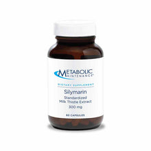 Brown bottle with white label containing 60 capsules of Silymarin Standardized Milk Thistle Extract 300 mg by Metabolic Maint