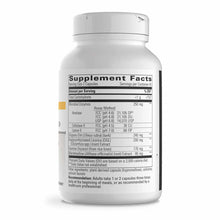 White capsule bottle with white cap displaying Supplement Facts label listing digestive enzymes and botanical ingredients.