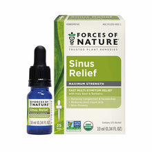 Blue glass dropper bottle and beige cardboard box of Forces of Nature Sinus Relief Maximum Strength homeopathic remedy.
