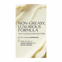 Cream-colored body butter with text describing non-greasy formula containing cocoa and shea butters.