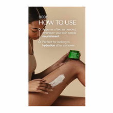 Person applying white body butter to arm, holding green Weleda Skin Food jar, with usage instructions displayed.
