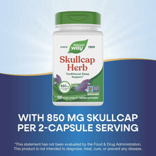 Nature's Way Skullcap Herb bottle with green cap, white label, containing 100 vegan capsules at 850mg per serving.