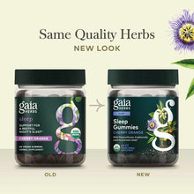 Gaia Herbs Sleep Gummies in cherry orange flavor shown in old and new packaging designs, 40 count vegan herbal supplement bot