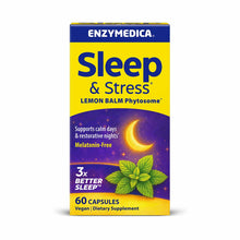 Enzymedica Sleep & Stress Lemon Balm Phytosome bottle with yellow and purple label, 60 vegan capsules.
