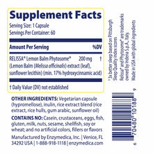 Supplement Facts label for Enzymedica lemon balm phytosome capsules listing 200mg serving with ingredients and allergen infor