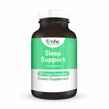 Dark glass bottle with white cap and green label reading "Sleep Support with Melatonin, 50 Vegan Capsules, Dietary Supplement