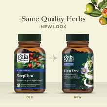 Two amber glass bottles with green caps labeled Gaia Herbs SleepThru, showing old and new packaging designs side by side.