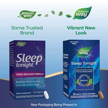 Two Nature's Way Sleep Tonight supplement boxes side-by-side showing old purple packaging on left and new blue packaging on r