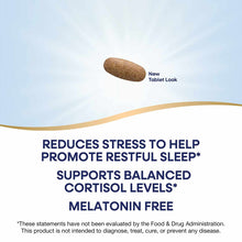 Brown oval tablet on light blue and white background with text describing sleep supplement benefits.