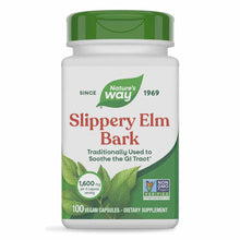 White bottle with green cap containing Nature's Way Slippery Elm Bark dietary supplement, 100 vegan capsules.