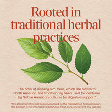 Slippery elm bark supplement package with green leaf branch illustration and text on beige background.