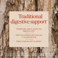 Cream-colored product label with red text on textured tree bark background describing slippery elm bark supplement.
