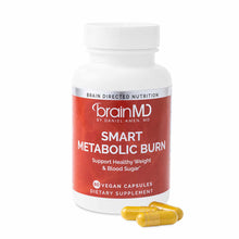 White bottle with red label containing Smart Metabolic Burn supplement by BrainMD, with three golden vegan capsules displayed