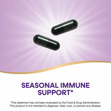 Two dark green capsules on a purple background with gold curved line and text reading "Seasonal Immune Support."