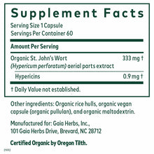 Supplement Facts label for St. John's Wort capsules showing 60 servings with 333 mg organic extract per capsule.